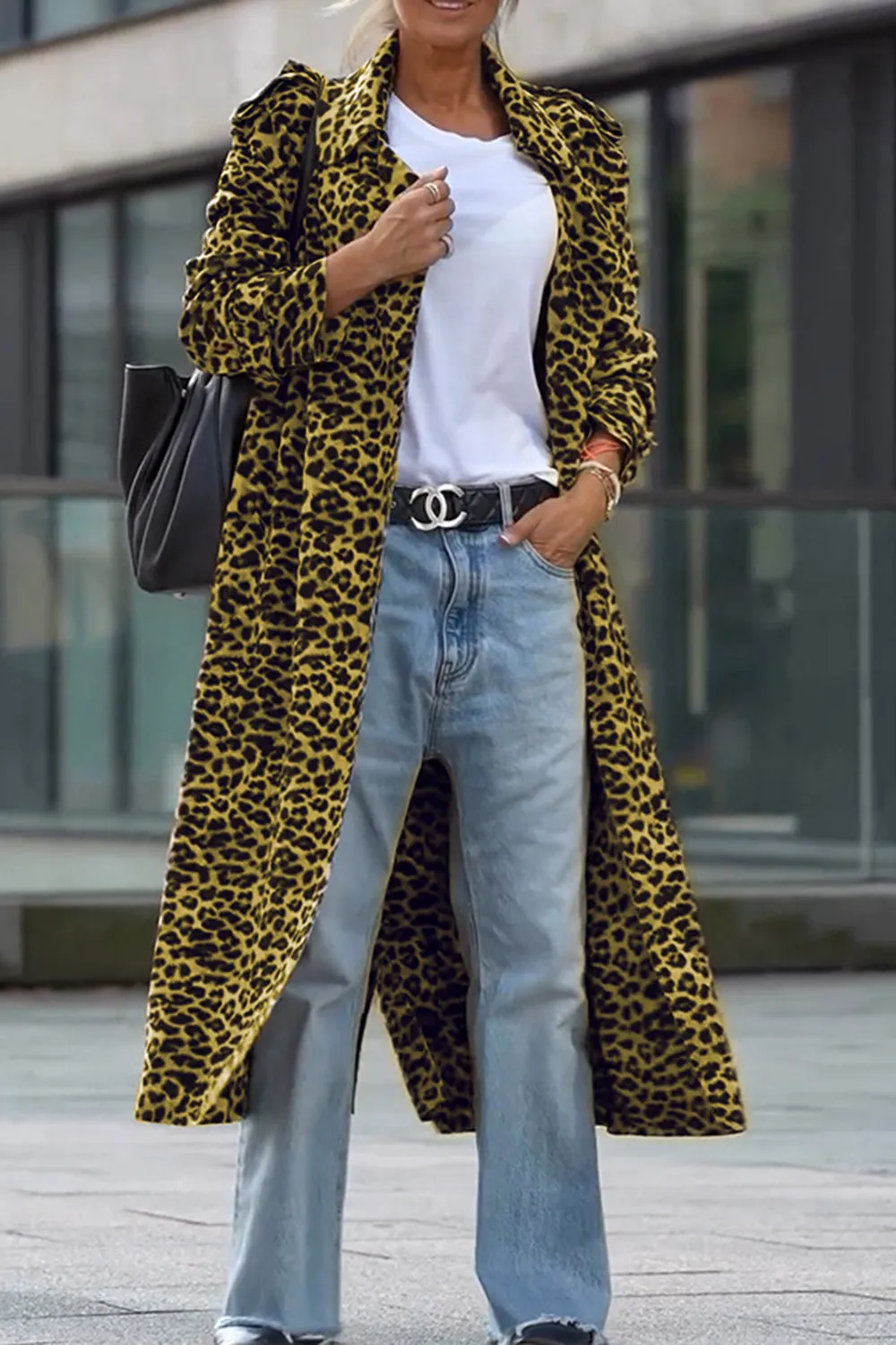 Camila Leopard Collared Neck Long Sleeve Trench Coat | Poundton
