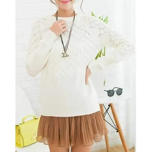 Casual Jewel Neck Long Sleeves Solid Color Sweater For Women - White One Size