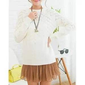 Casual Jewel Neck Long Sleeves Solid Color Sweater For Women - White One Size