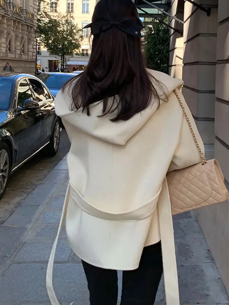 Chic Brown Woolen Hooded Overcoat