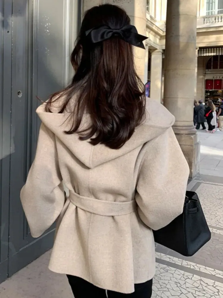 Chic Brown Woolen Hooded Overcoat