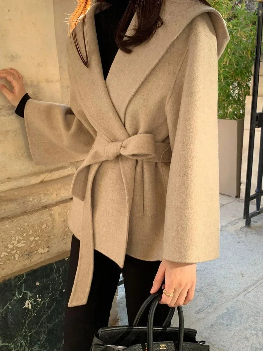 Chic Brown Woolen Hooded Overcoat