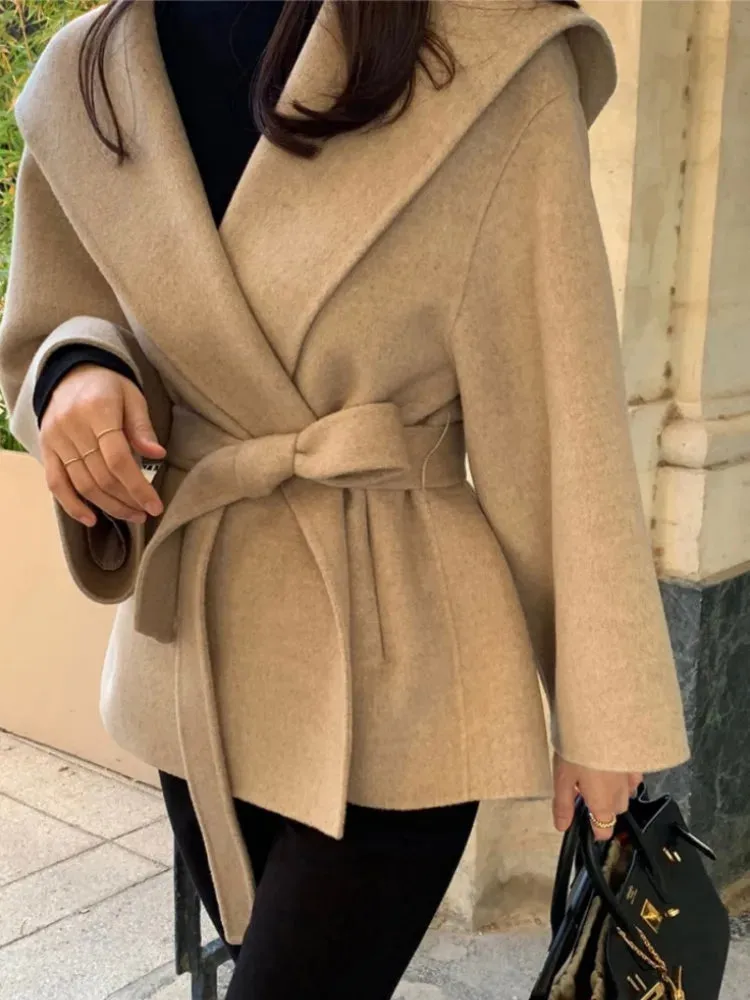 Chic Brown Woolen Hooded Overcoat