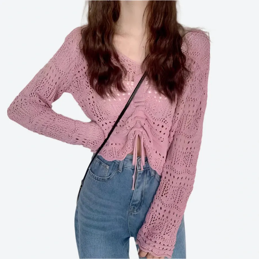 Chic Crochet Drawstring Crop Sweaters