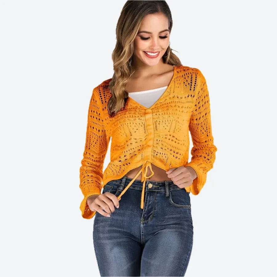 Chic Crochet Drawstring Crop Sweaters
