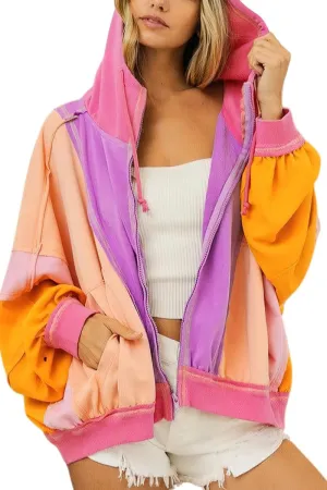 Chouyatou Women's Fall Warm Color Block Zip Up Jacket Oversized Winter Casual Y2K Sweatshirt Hoodie Tops