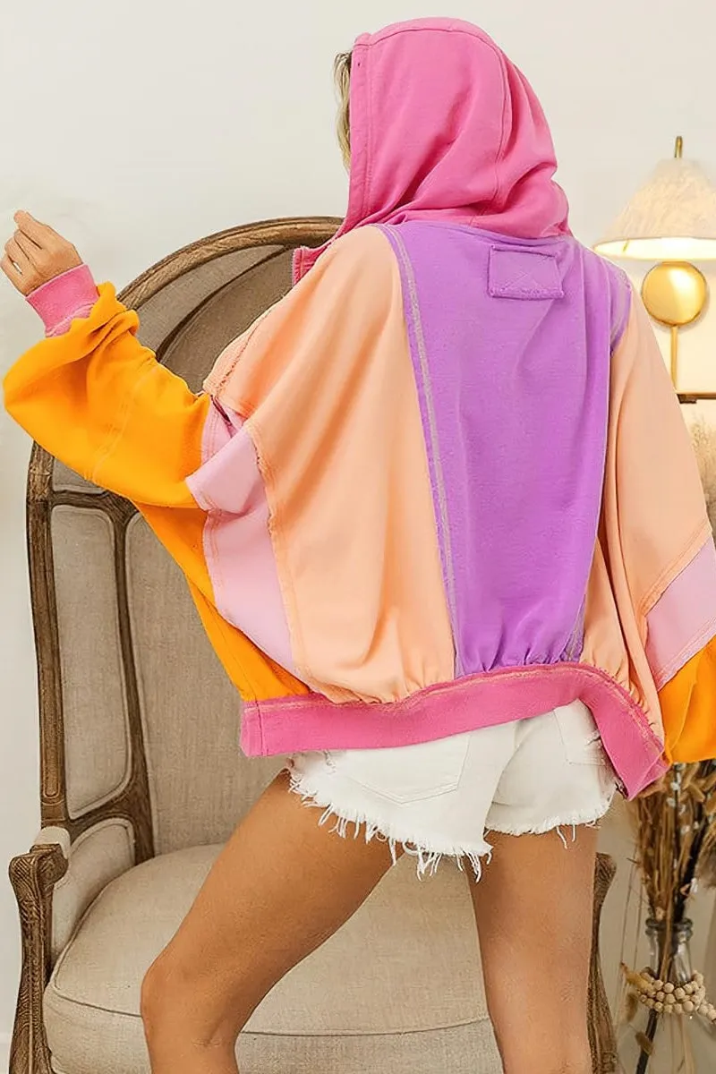 Chouyatou Women's Fall Warm Color Block Zip Up Jacket Oversized Winter Casual Y2K Sweatshirt Hoodie Tops