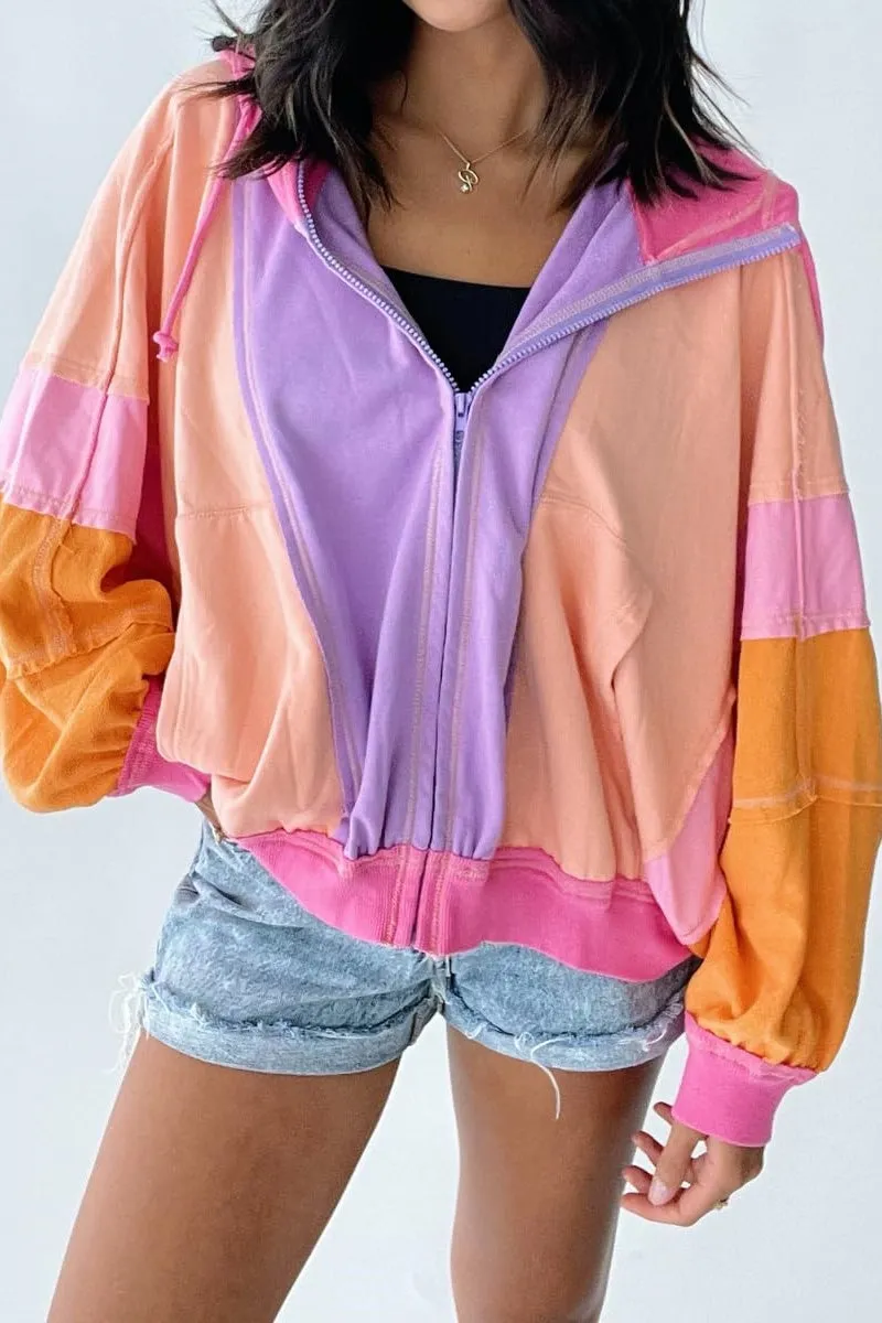 Chouyatou Women's Fall Warm Color Block Zip Up Jacket Oversized Winter Casual Y2K Sweatshirt Hoodie Tops
