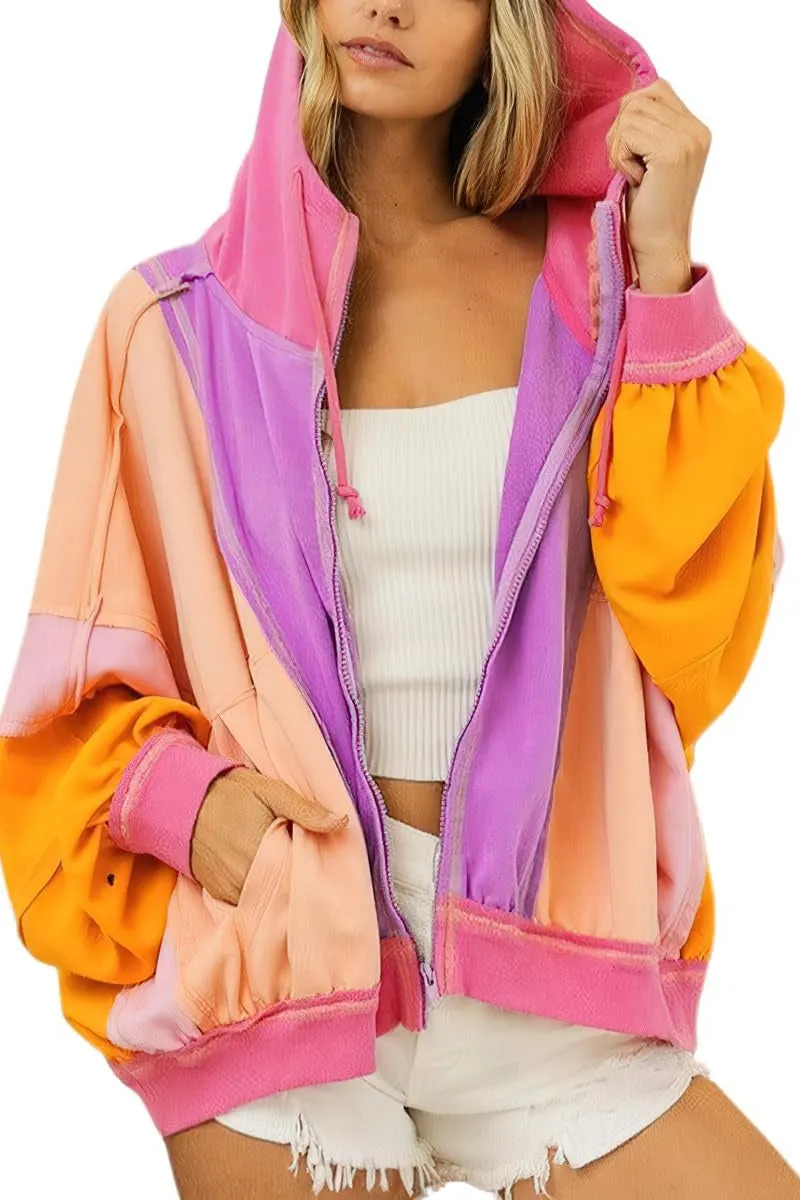 Chouyatou Women's Fall Warm Color Block Zip Up Jacket Oversized Winter Casual Y2K Sweatshirt Hoodie Tops
