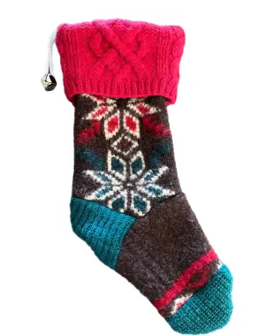 Christmas Stocking - Deep Cranberry/Brown red/teal snowflakes- 059