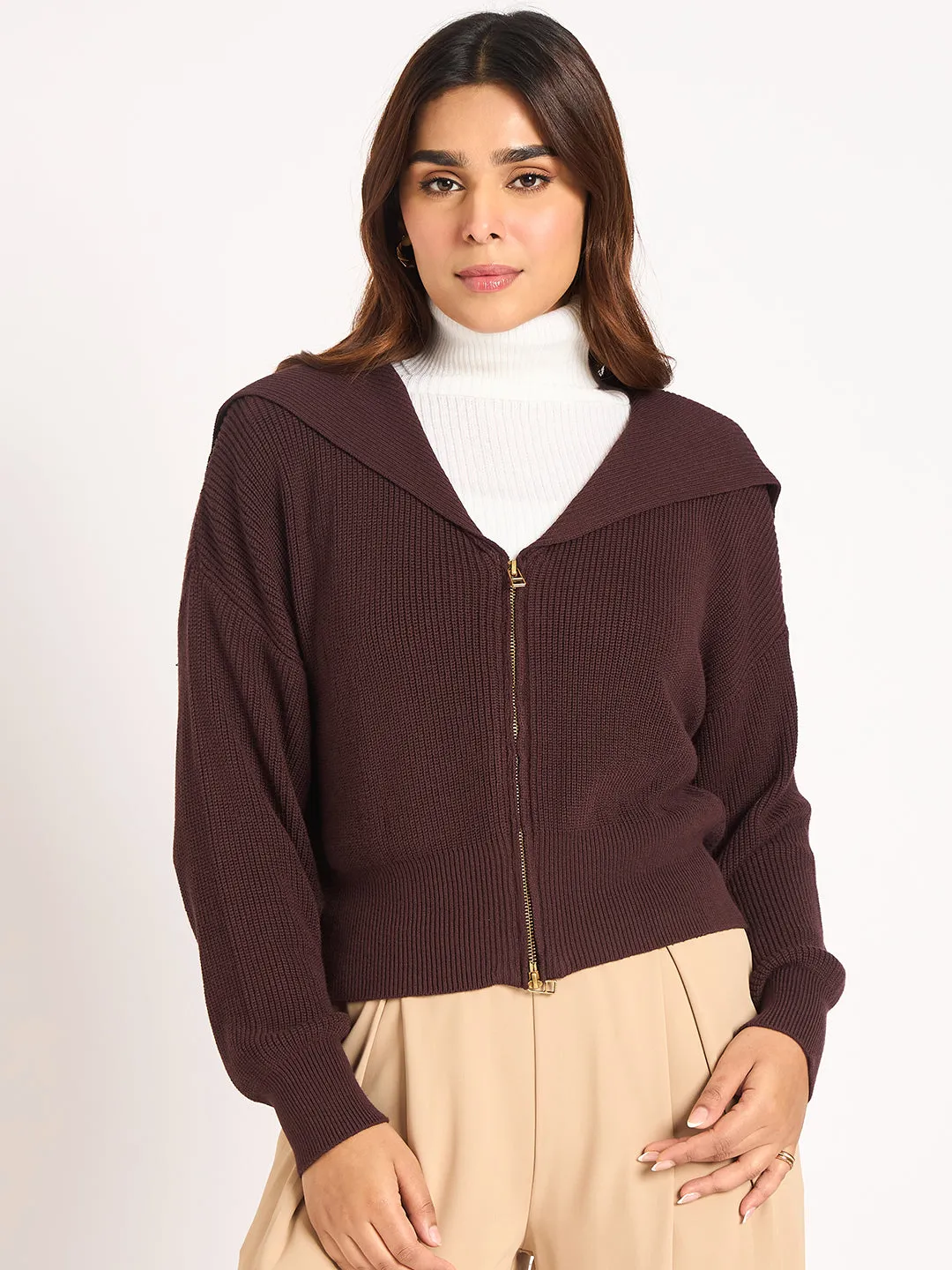 Coffee Brown Crop Zip-Up Jacket