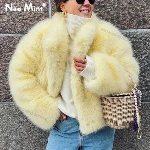 Collar Girls Fur Jacket Fox Thicken Coat Fur Faux Chic Heavy-duty Outerwear Winter No-hassle returns Fashion Warm Women Stand Yellow Streetwear