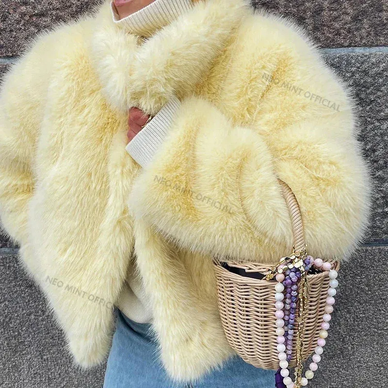 Collar Girls Fur Jacket Fox Thicken Coat Fur Faux Chic Heavy-duty Outerwear Winter No-hassle returns Fashion Warm Women Stand Yellow Streetwear