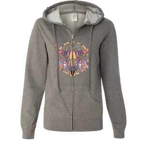 Cow Skull Mosaic Ladies Lightweight Fitted Zip-Up Hoodie