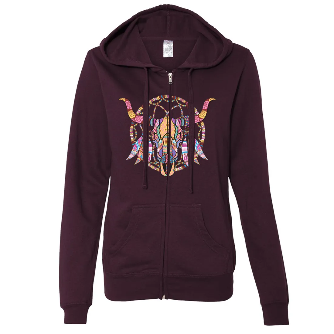 Cow Skull Mosaic Ladies Lightweight Fitted Zip-Up Hoodie
