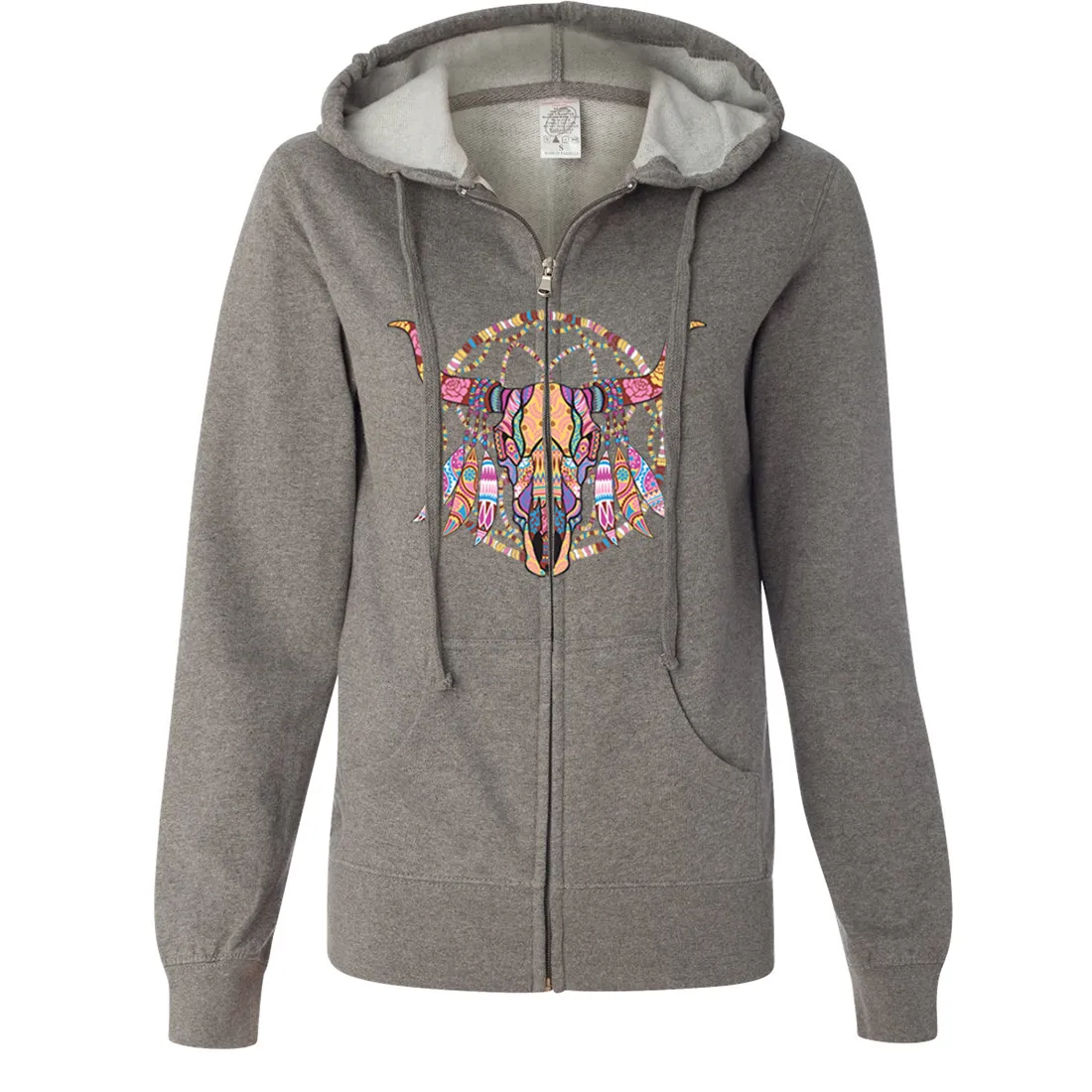 Cow Skull Mosaic Ladies Lightweight Fitted Zip-Up Hoodie