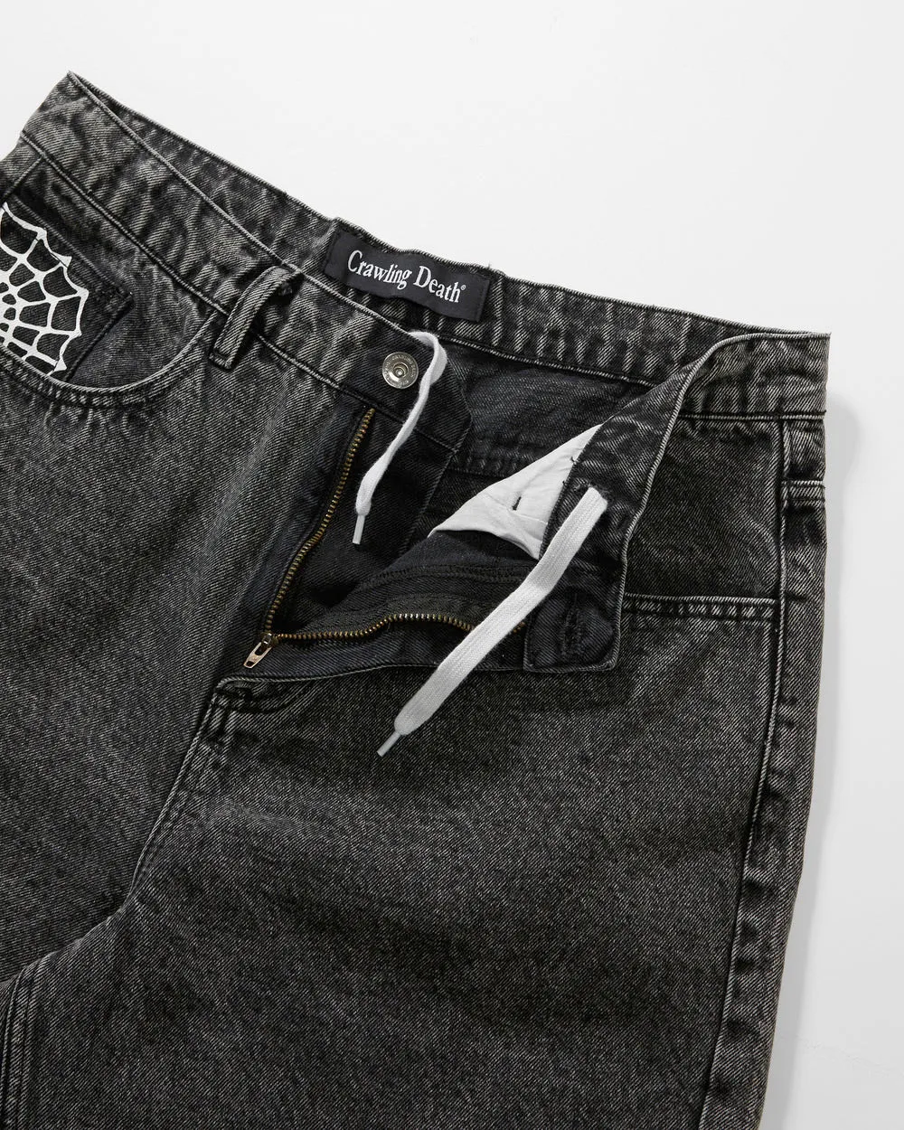 Crawling Death Web Denim Shorts Acid Black