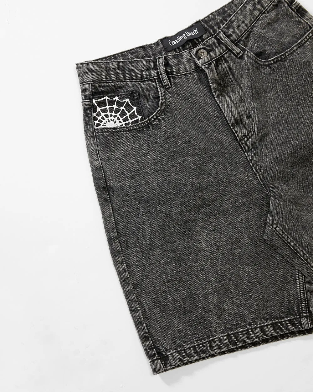Crawling Death Web Denim Shorts Acid Black