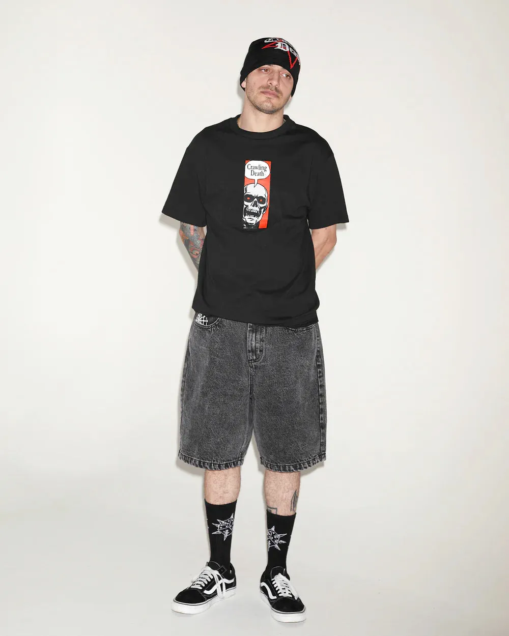 Crawling Death Web Denim Shorts Acid Black