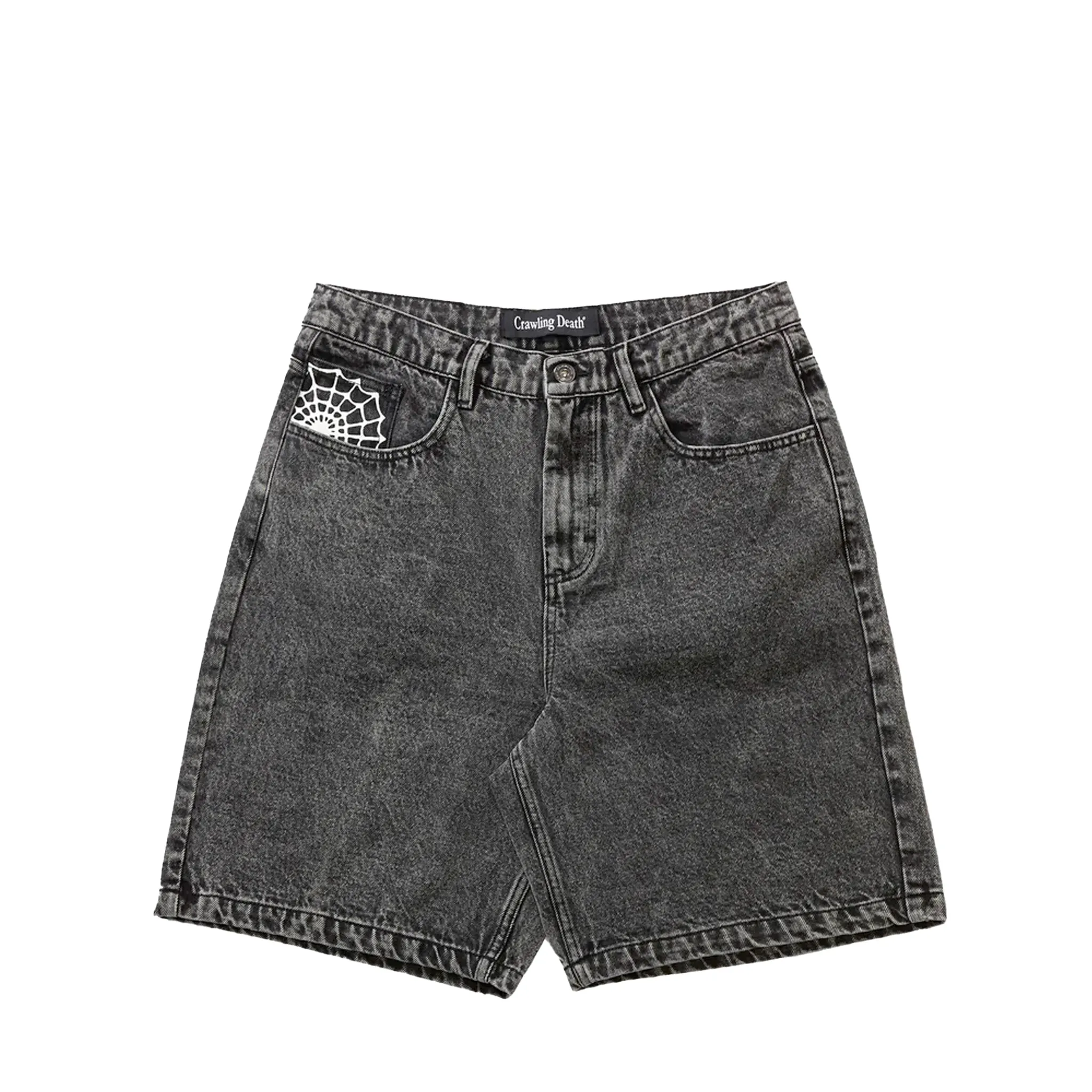 Crawling Death Web Denim Shorts Acid Black