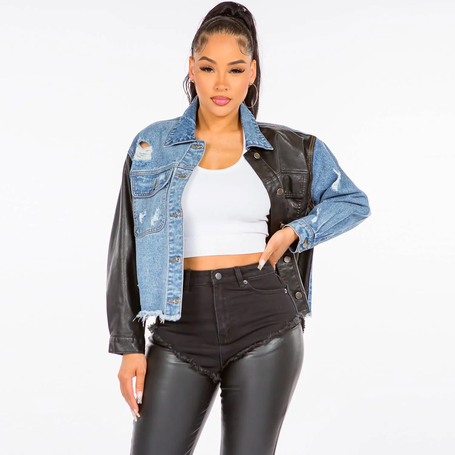 DENIM VIBES PATCHED CROPPED JACKET