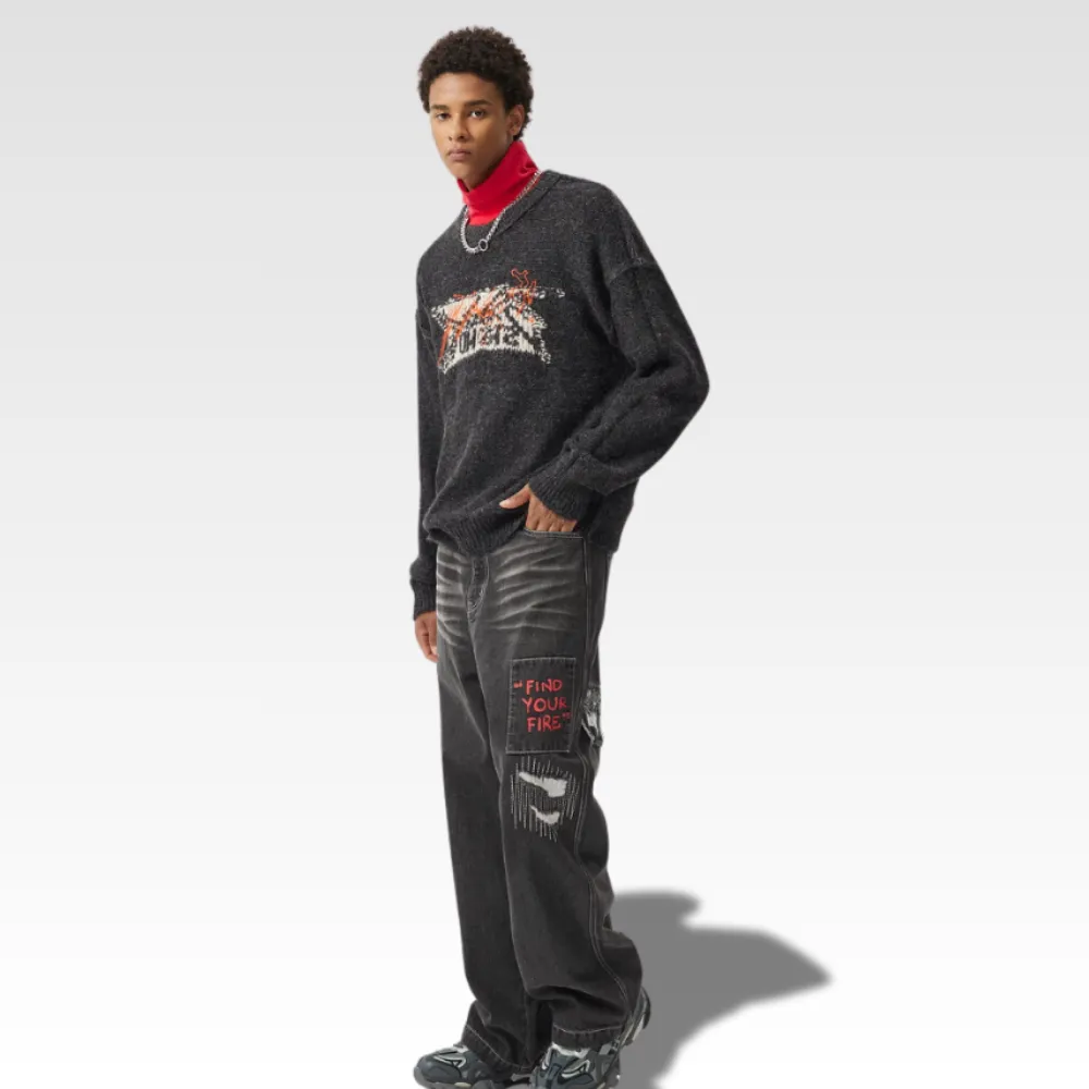 DF |Street Graffiti Patched Flame Jeans