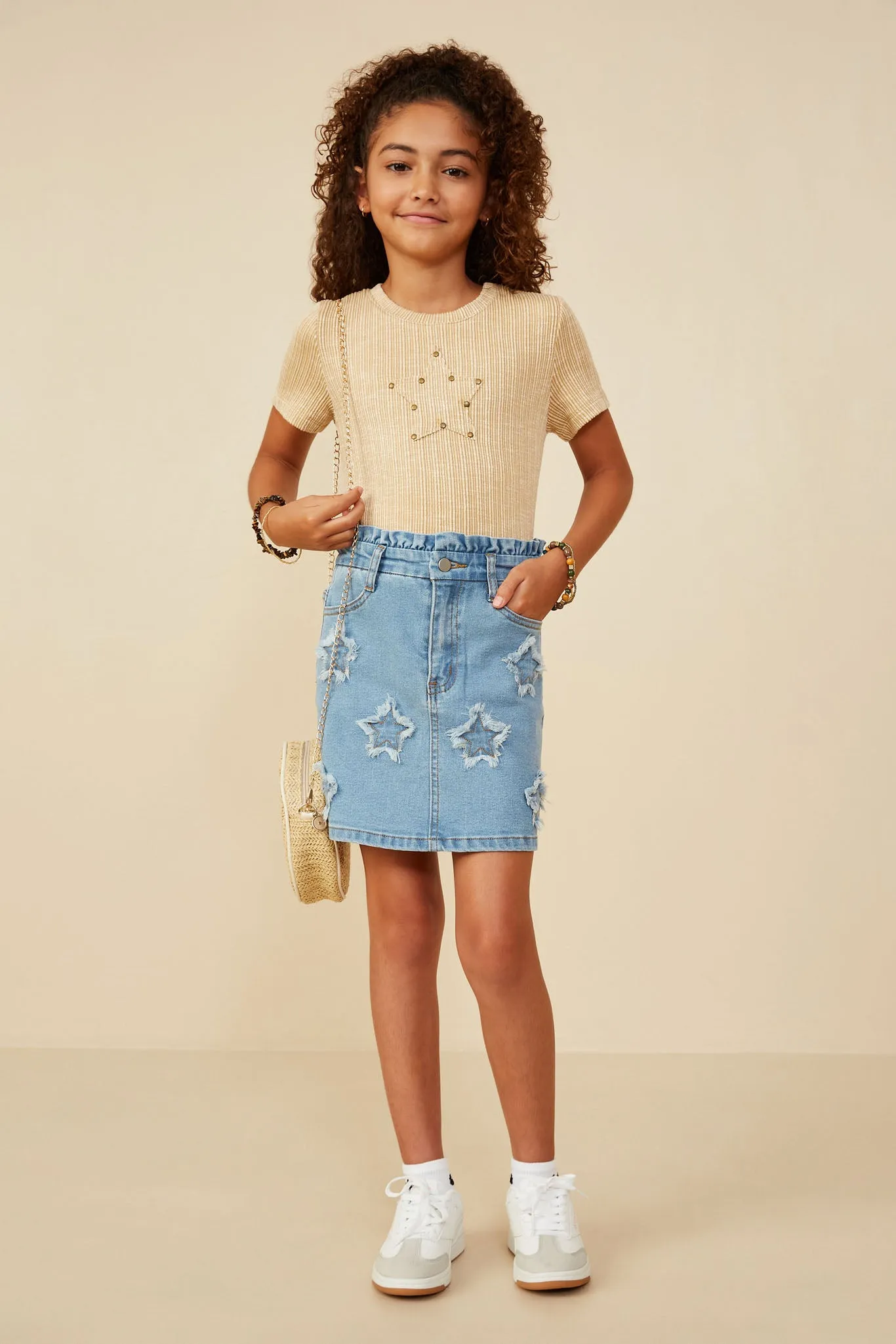 Distressed Star Patched Paper Bag Denim Skirt
