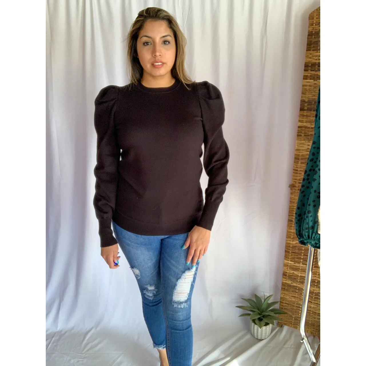 Do It All Crew Neckline Puff Shoulder & Sleeve Sweater - Black