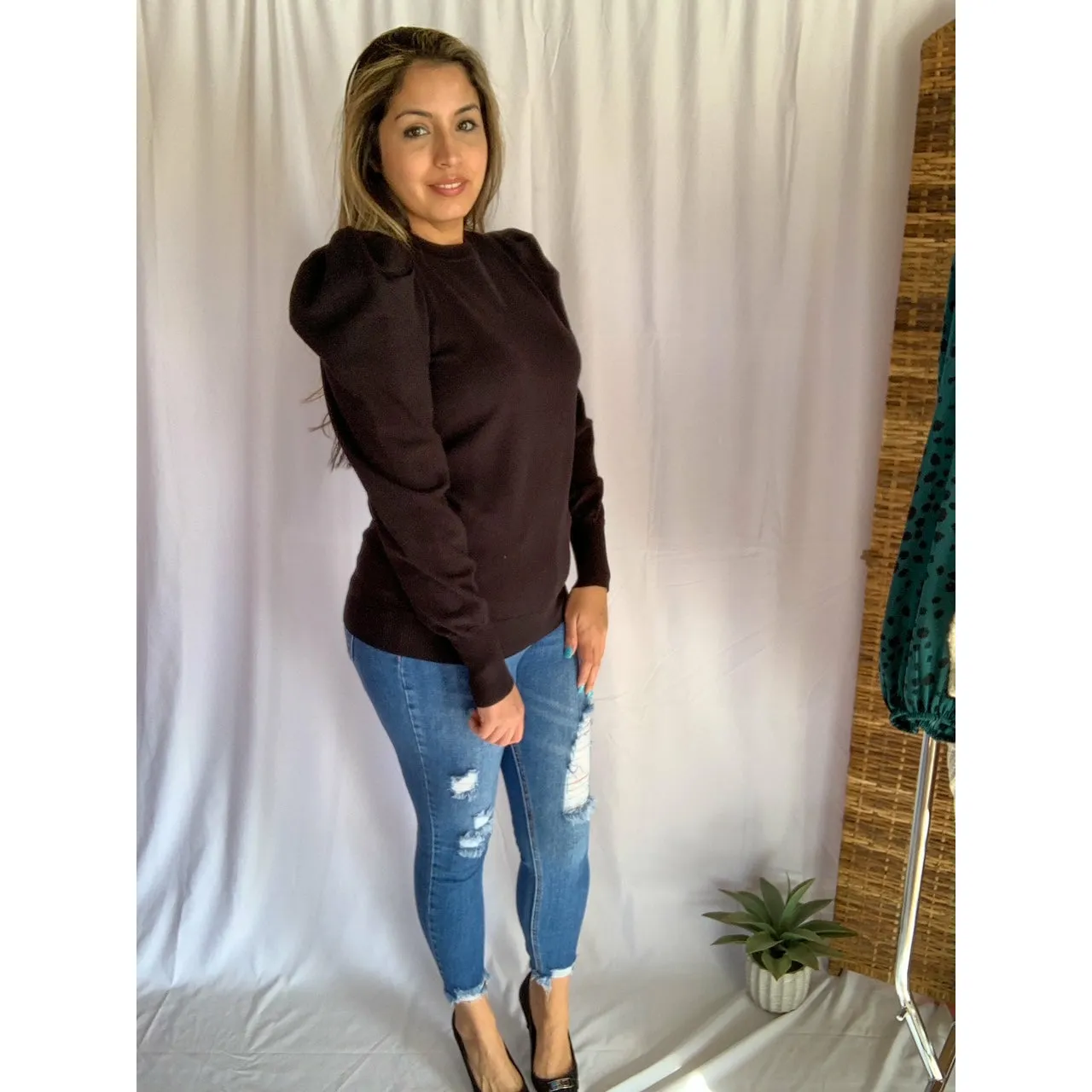 Do It All Crew Neckline Puff Shoulder & Sleeve Sweater - Black