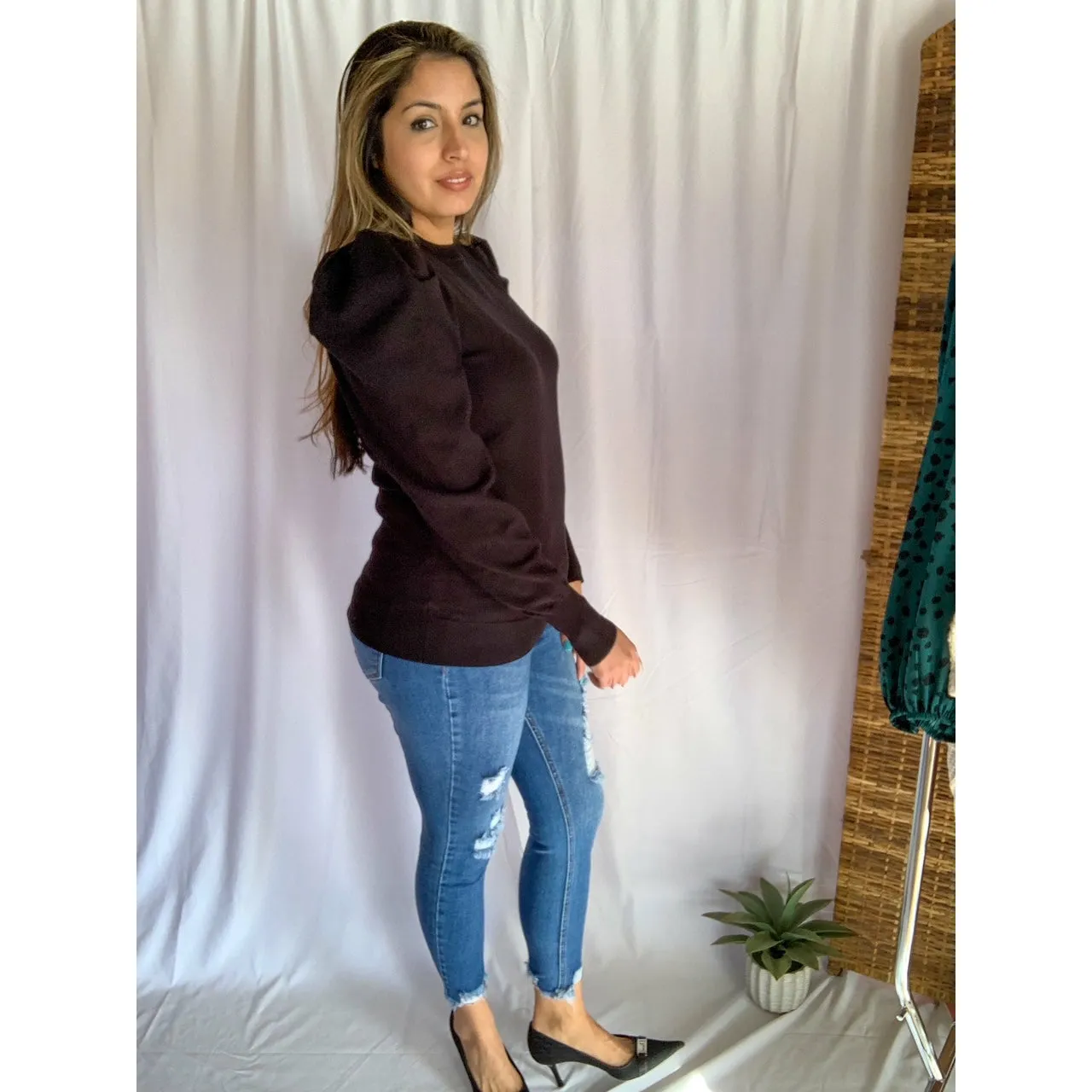 Do It All Crew Neckline Puff Shoulder & Sleeve Sweater - Black