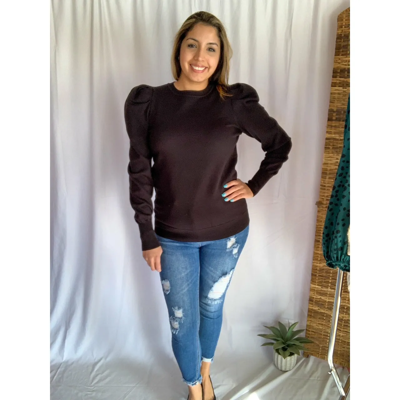 Do It All Crew Neckline Puff Shoulder & Sleeve Sweater - Black
