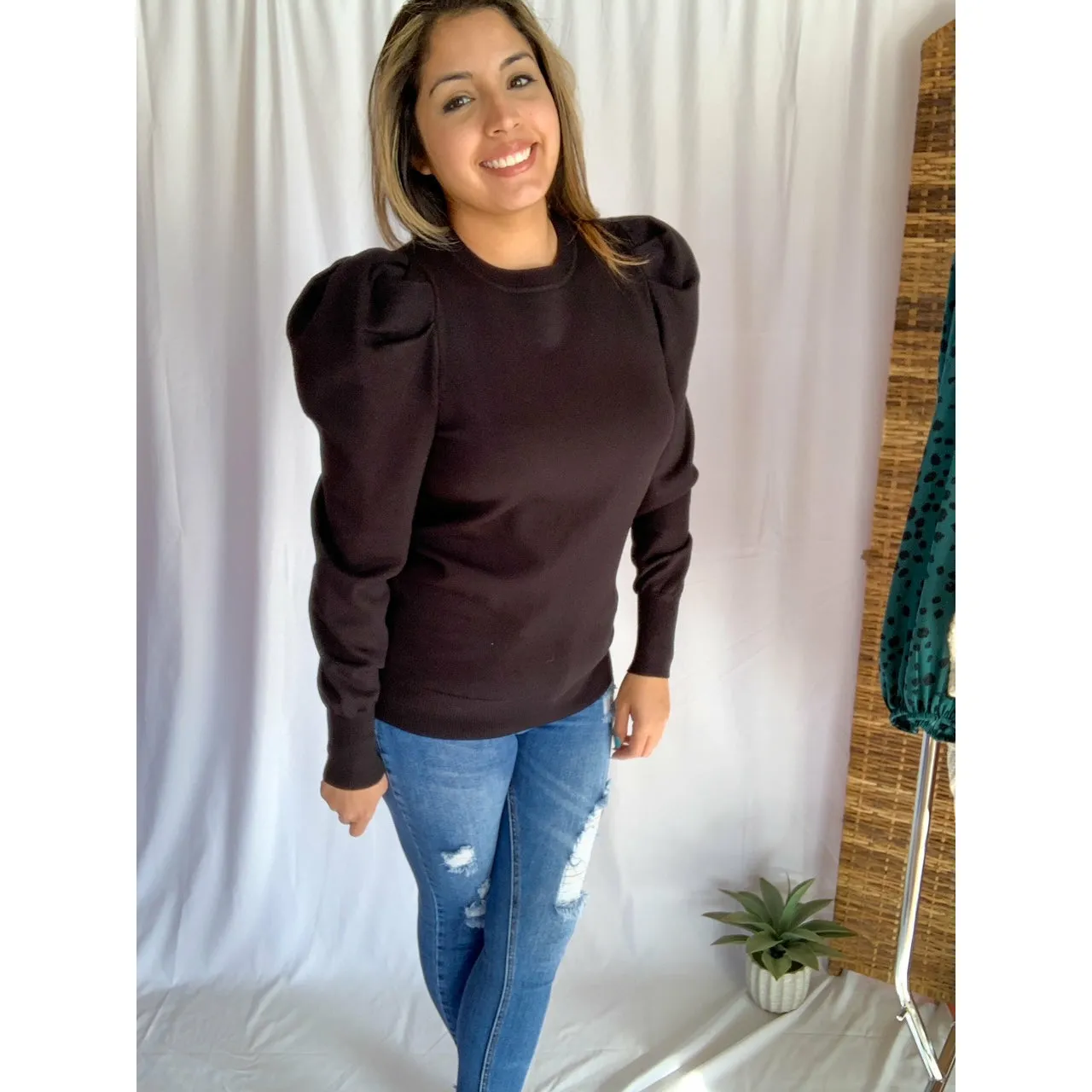 Do It All Crew Neckline Puff Shoulder & Sleeve Sweater - Black