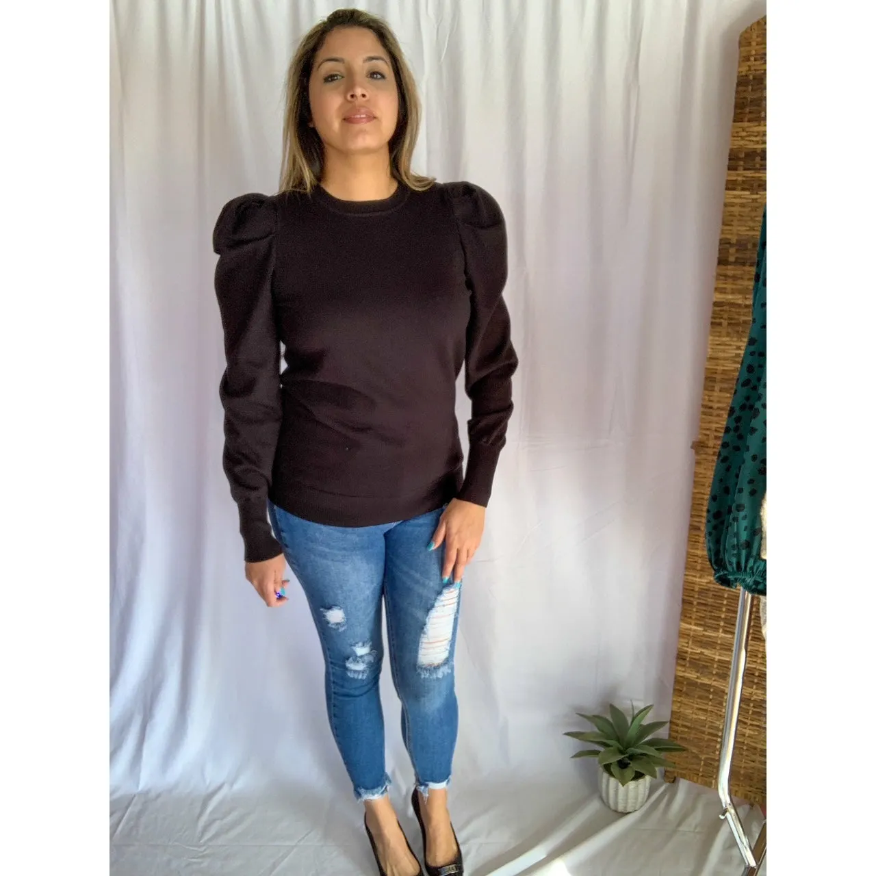 Do It All Crew Neckline Puff Shoulder & Sleeve Sweater - Black