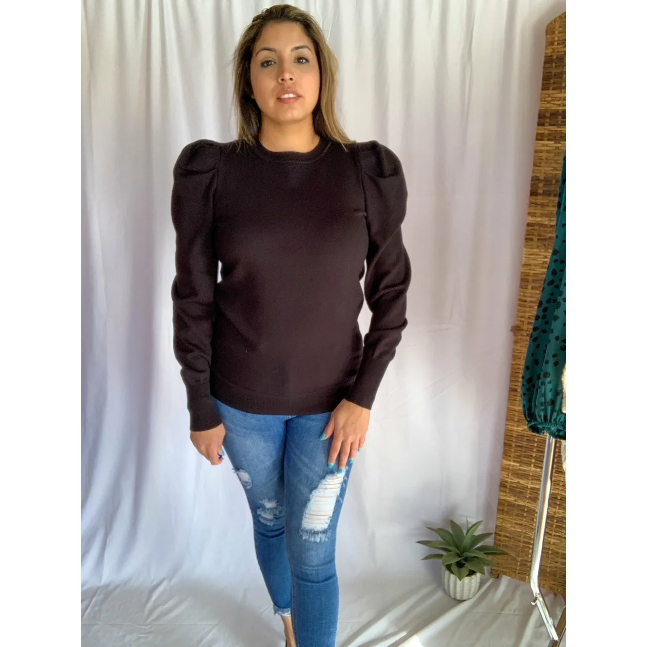Do It All Crew Neckline Puff Shoulder & Sleeve Sweater - Black