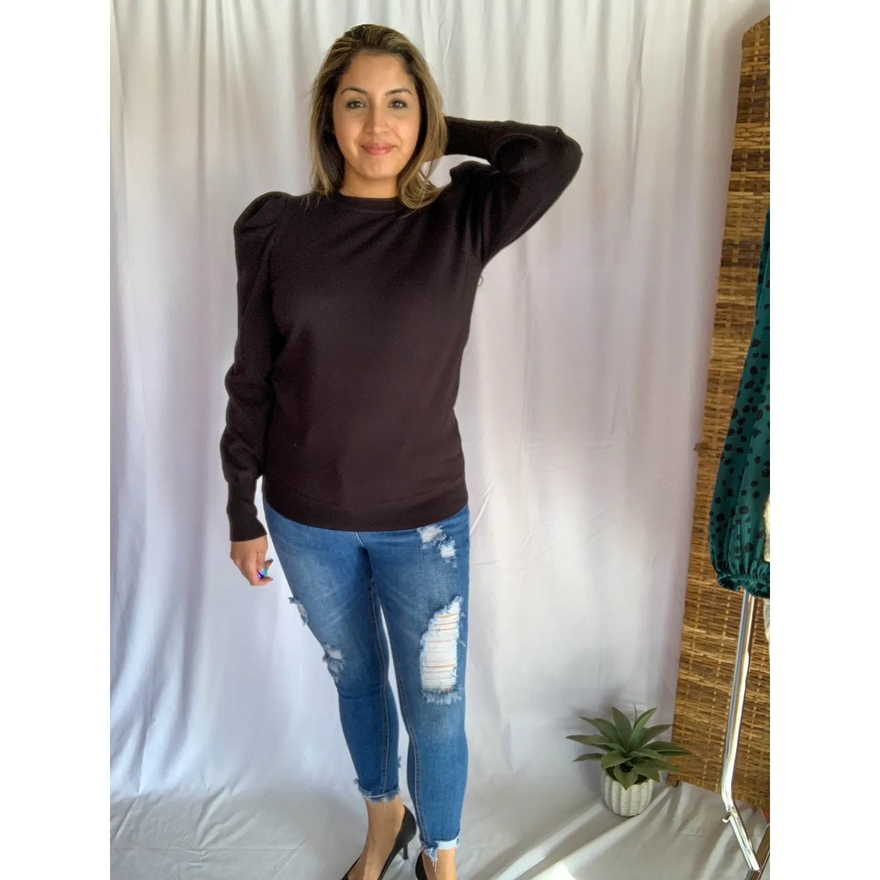 Do It All Crew Neckline Puff Shoulder & Sleeve Sweater - Black