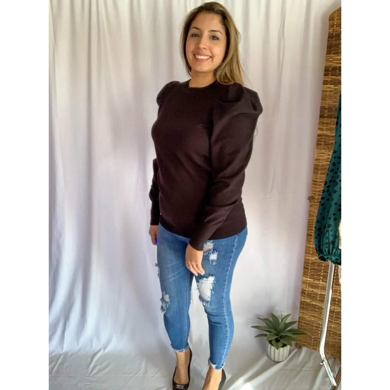 Do It All Crew Neckline Puff Shoulder & Sleeve Sweater - Black