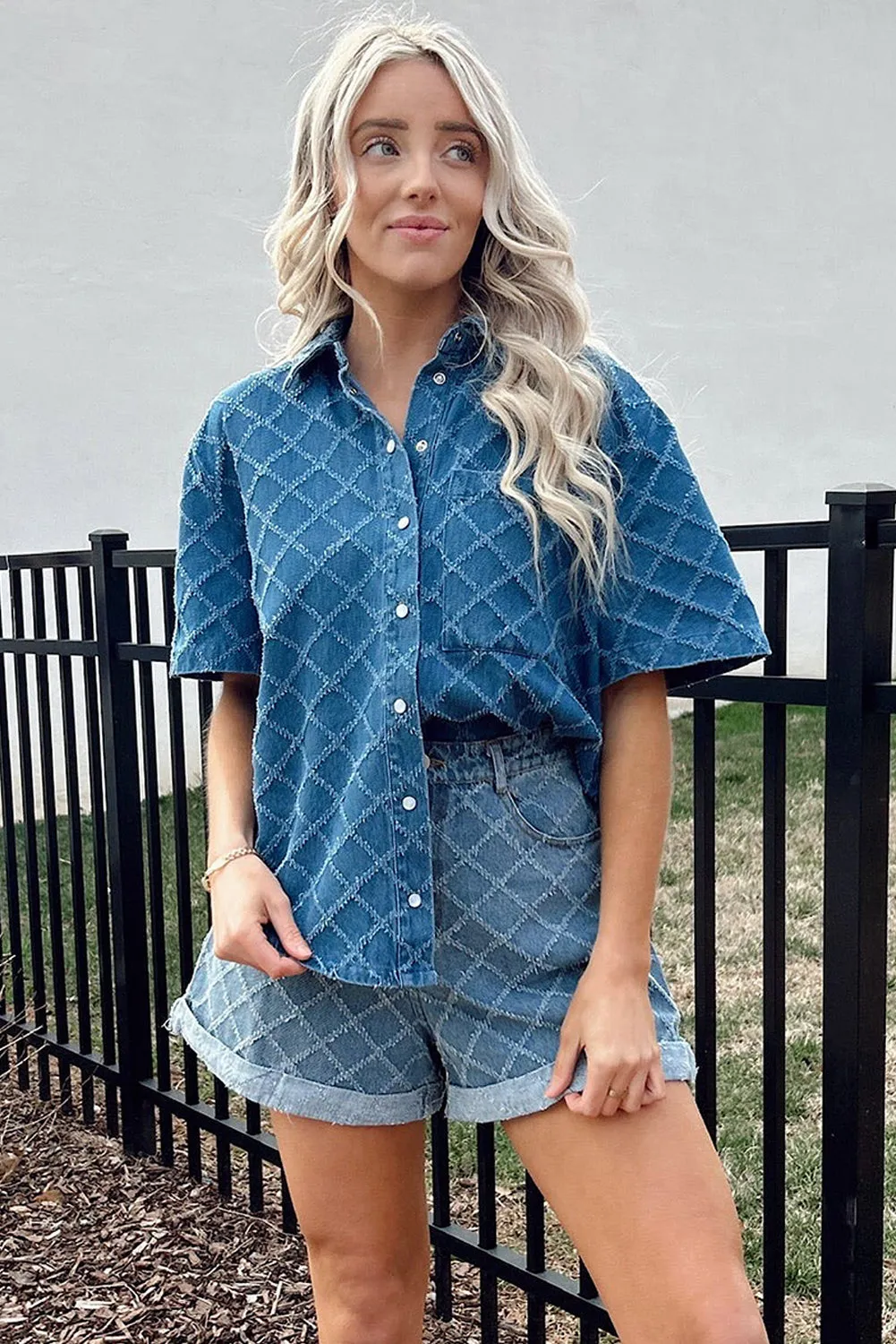 Dusk Blue Checkered Textured Short Sleeve Patched Pocket Denim Shirt