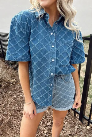 Dusk Blue Checkered Textured Short Sleeve Patched Pocket Denim Shirt