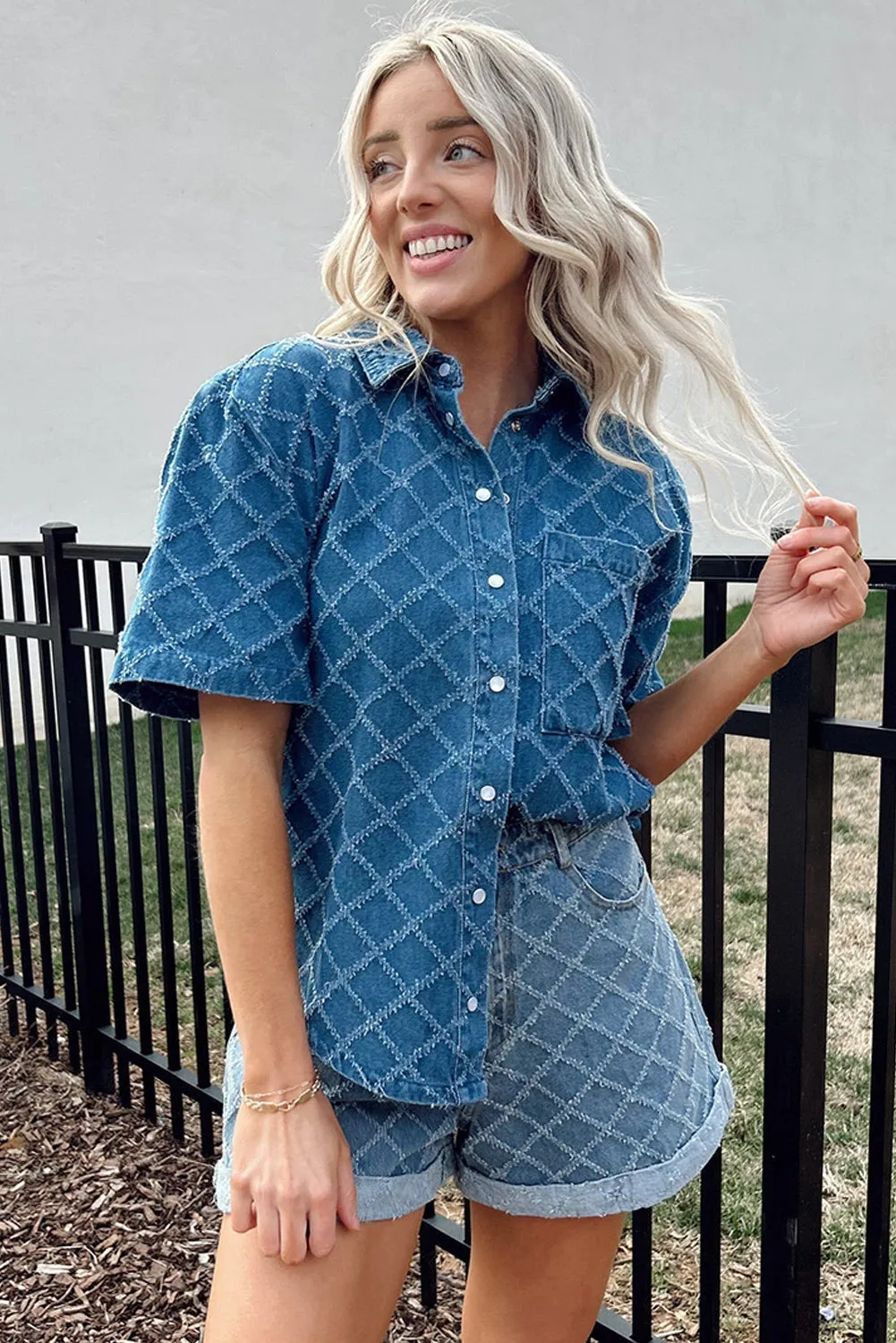 Dusk Blue Checkered Textured Short Sleeve Patched Pocket Denim Shirt