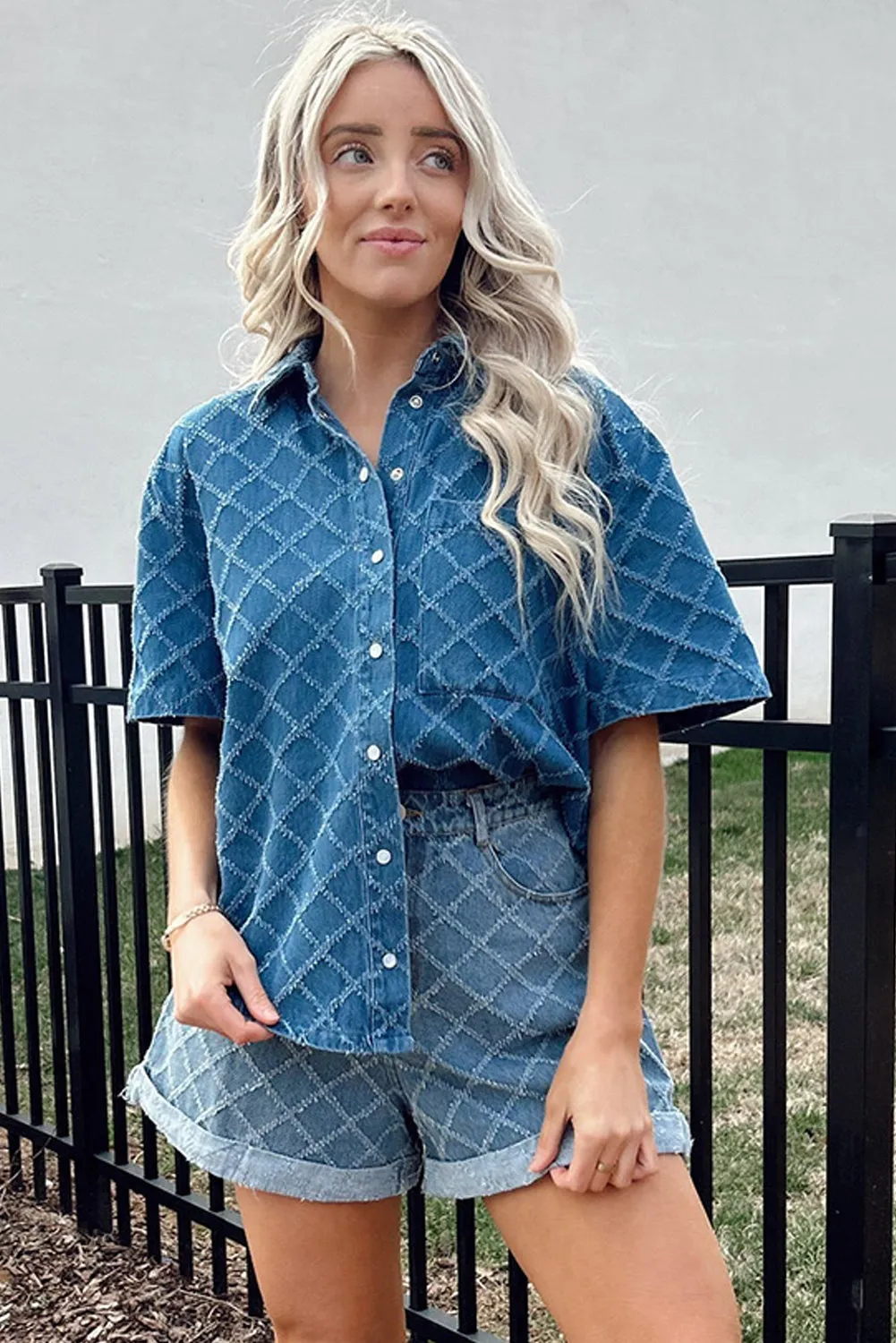 Dusk Blue Checkered Textured Short Sleeve Patched Pocket Denim Shirt