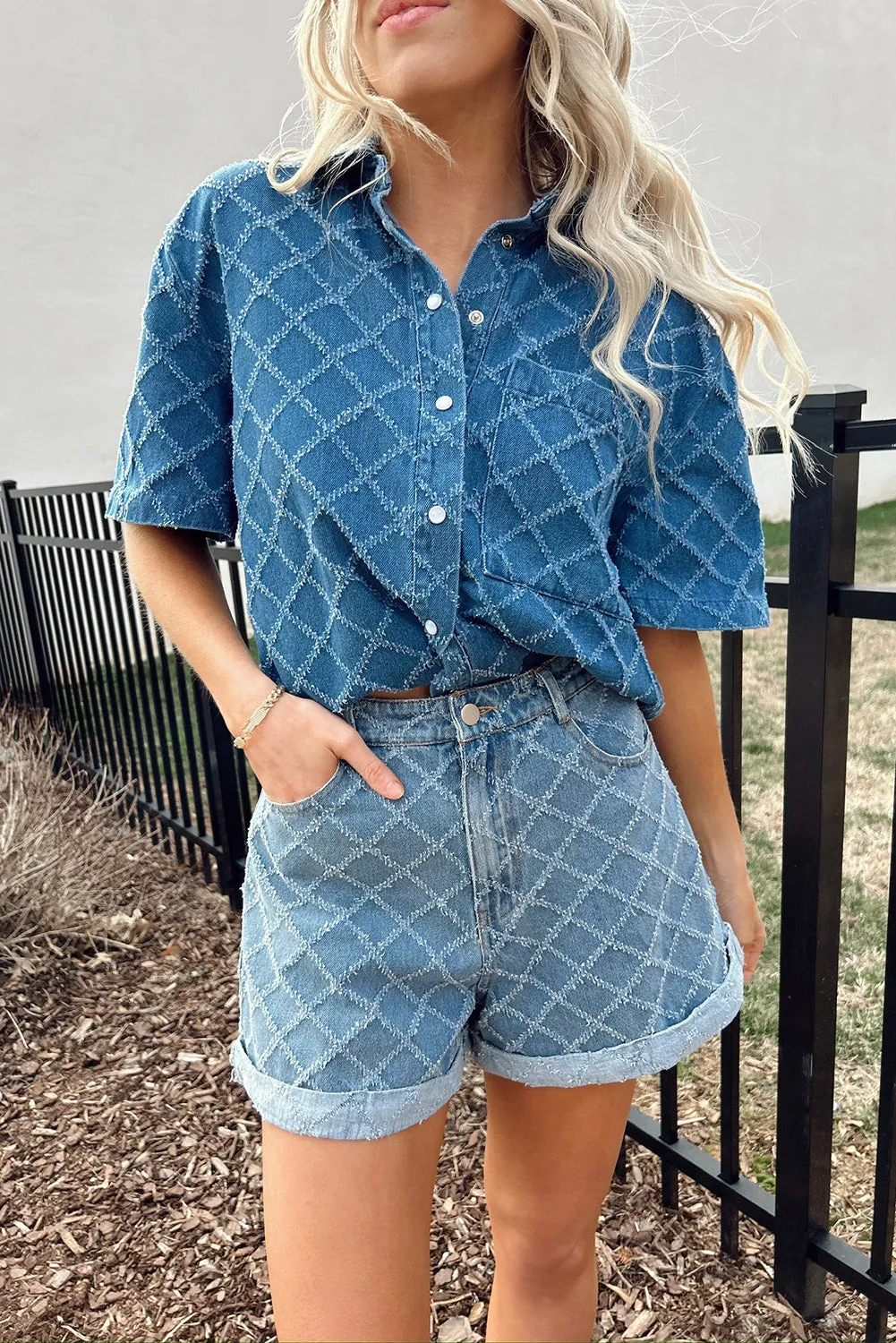 Dusk Blue Checkered Textured Short Sleeve Patched Pocket Denim Shirt