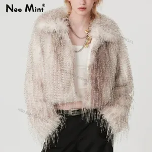 Exclusive Tassels  Y3k Peacock Gradient Coat Winter Outerwears Women Faux Fur Furry Girls Jackets Fur Excellent aftercare Designer Seamless integration Chic