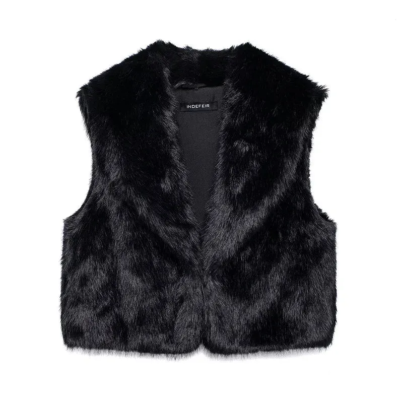 Faux Fur Sleeveless Vest – Black Cropped Winter Waistcoat for Women