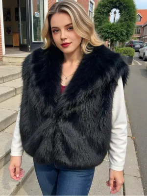 Faux Fur Sleeveless Vest – Black Cropped Winter Waistcoat for Women