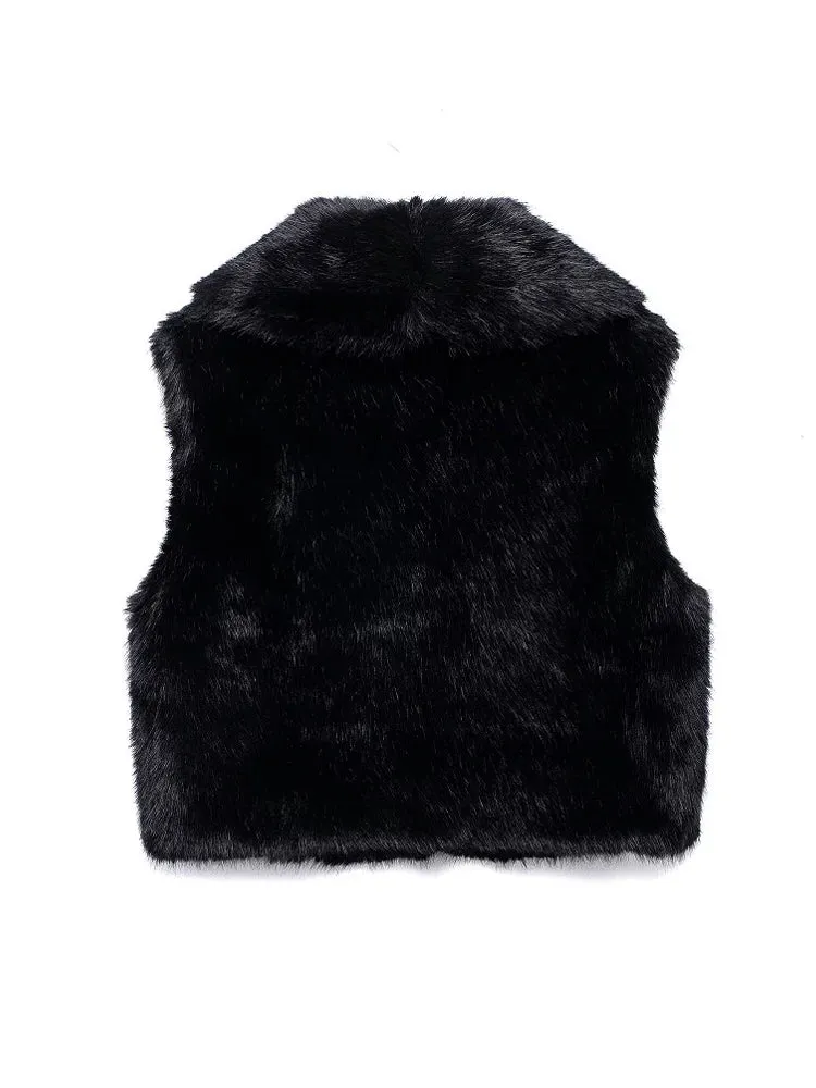Faux Fur Sleeveless Vest – Black Cropped Winter Waistcoat for Women