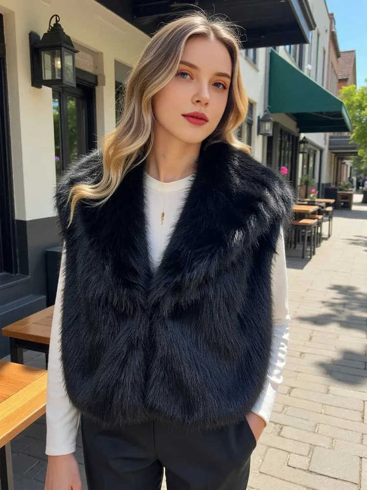 Faux Fur Sleeveless Vest – Black Cropped Winter Waistcoat for Women
