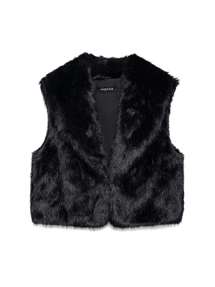 Faux Fur Sleeveless Vest – Black Cropped Winter Waistcoat for Women