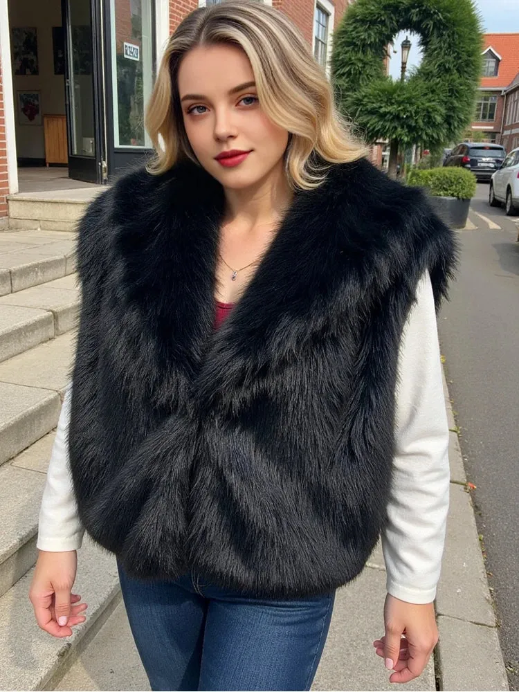 Faux Fur Sleeveless Vest – Black Cropped Winter Waistcoat for Women