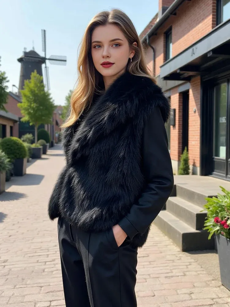 Faux Fur Sleeveless Vest – Black Cropped Winter Waistcoat for Women