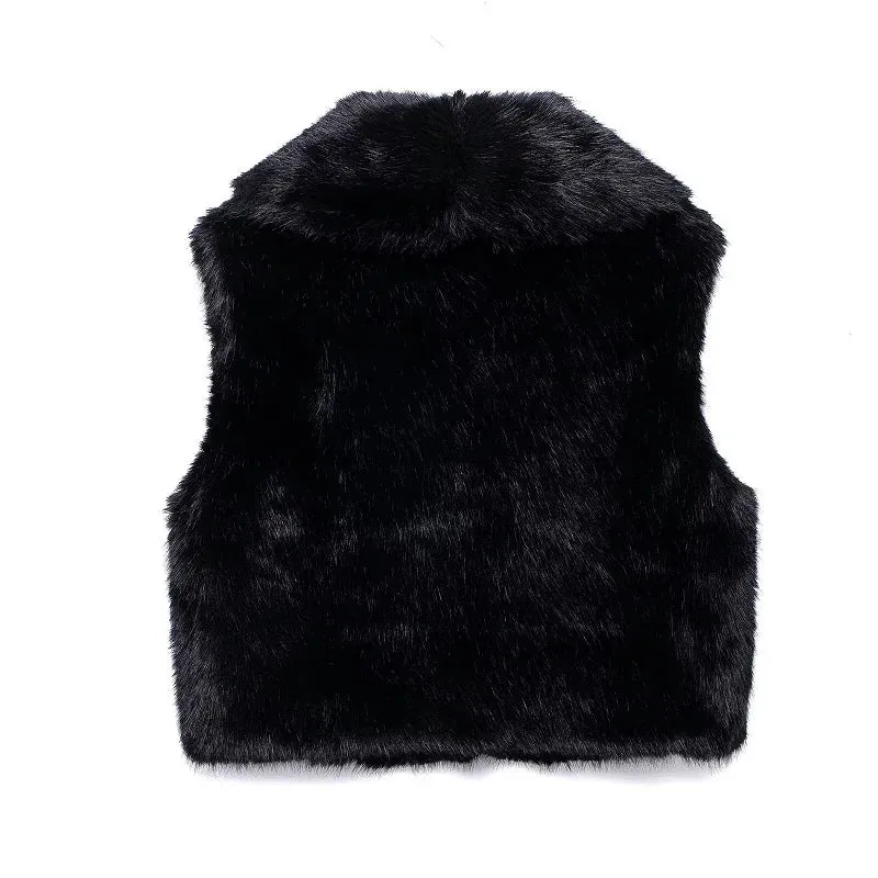 Faux Fur Sleeveless Vest – Black Cropped Winter Waistcoat for Women